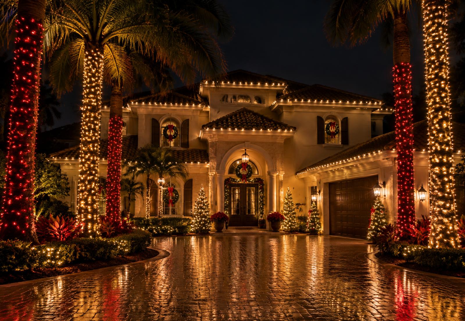 Luxury home outlined in warm white holiday lights with palm trees wrapped in red lights