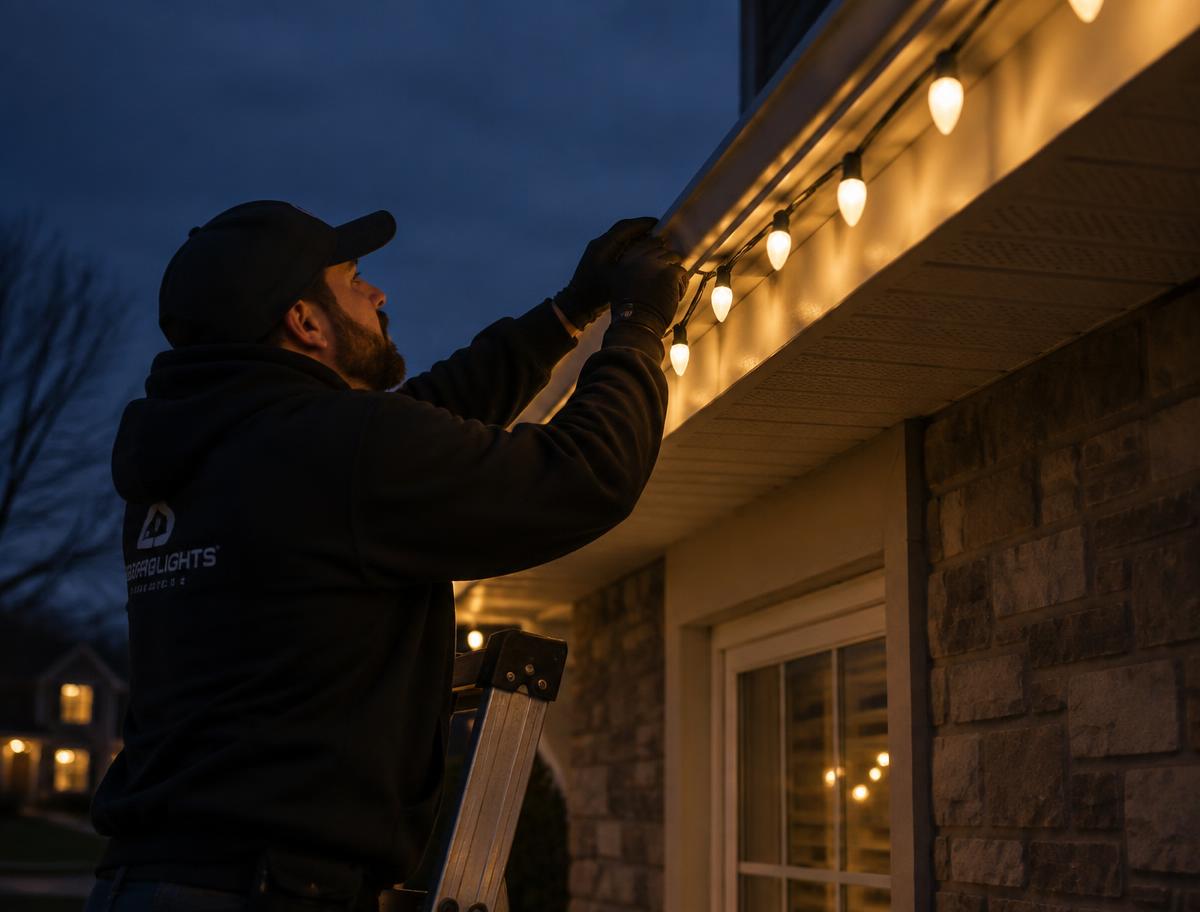 Installer on a ladder clipping holiday lights to a roofline at dusk